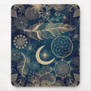 Whimsy Gold Glitter Dreamcatcher Feathers Mandala Mouse Pad