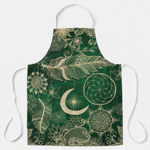 Whimsy Gold  Green Dreamcatcher Feathers Mandala Apron