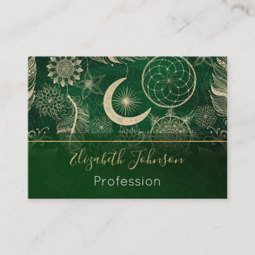 Whimsy Gold  Green Dreamcatcher Feathers Mandala Business Card