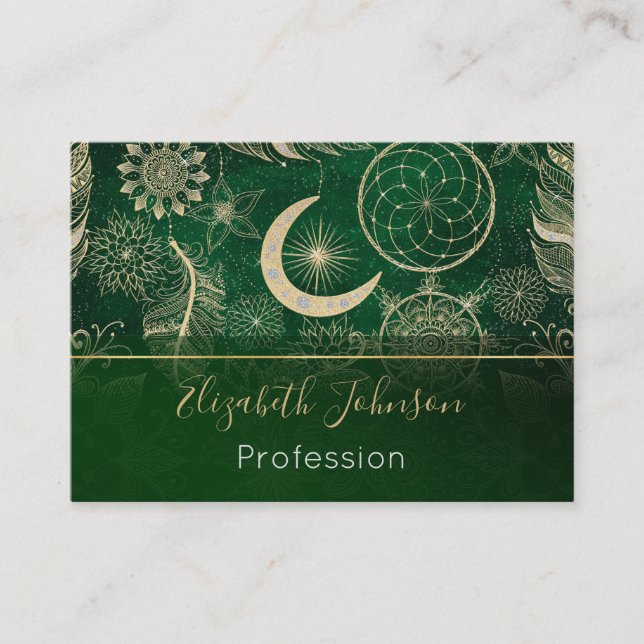 Whimsy Gold & Green Dreamcatcher Feathers Mandala Business Card (Front)