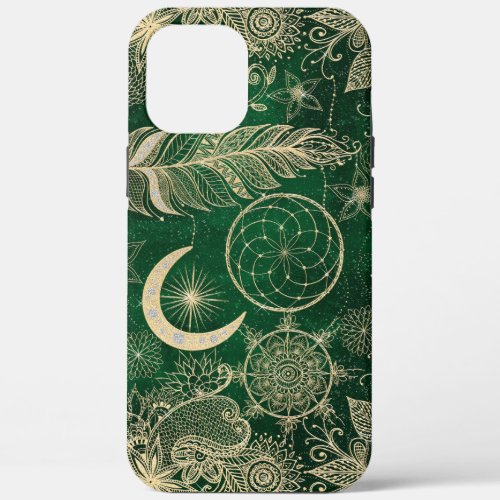 Whimsy Gold  Green Dreamcatcher Feathers Mandala iPhone 12 Pro Max Case