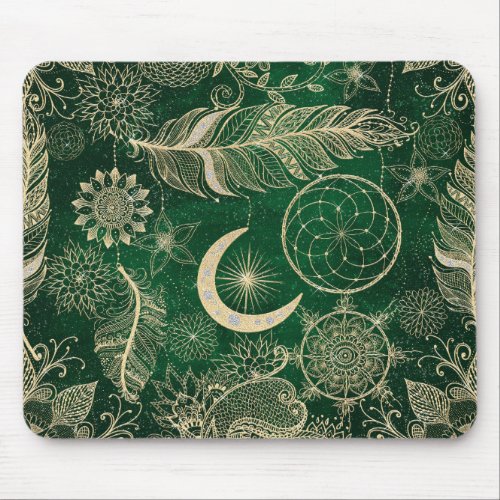 Whimsy Gold  Green Dreamcatcher Feathers Mandala Mouse Pad