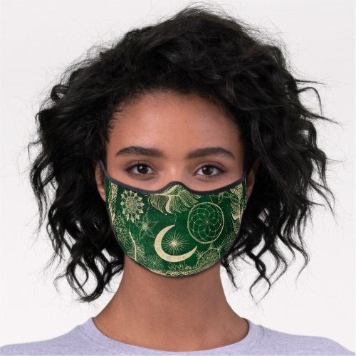 Whimsy Gold  Green Dreamcatcher Feathers Mandala Premium Face Mask