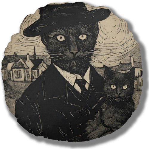 Whimsy Goth Van Gogh Black Cat Round Pillow