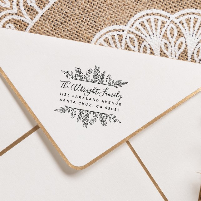 Whimsy Hand-drawn Leaves Frame Return Address Rubber Stamp (Creator Uploaded)