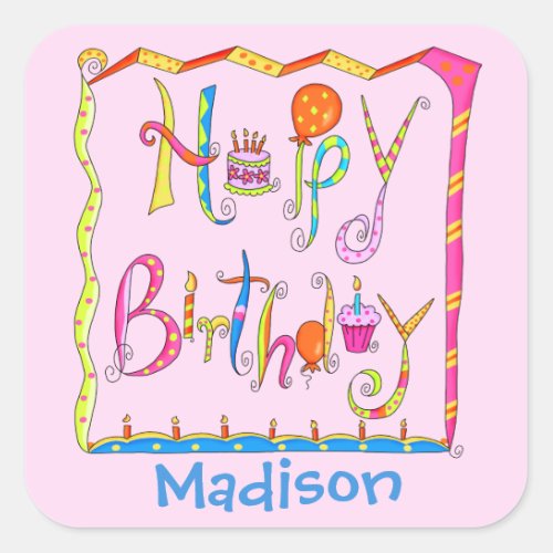Whimsy Happy Birthday Name Personalized Pink Square Sticker