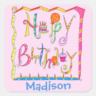 Whimsy Happy Birthday Name Personalized Pink Square Sticker