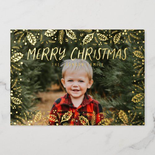 Whimsy Holly Border Photo Christmas Foil Holiday Card