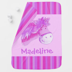 Whimsy horse pink purple bright stripe custom name baby blanket