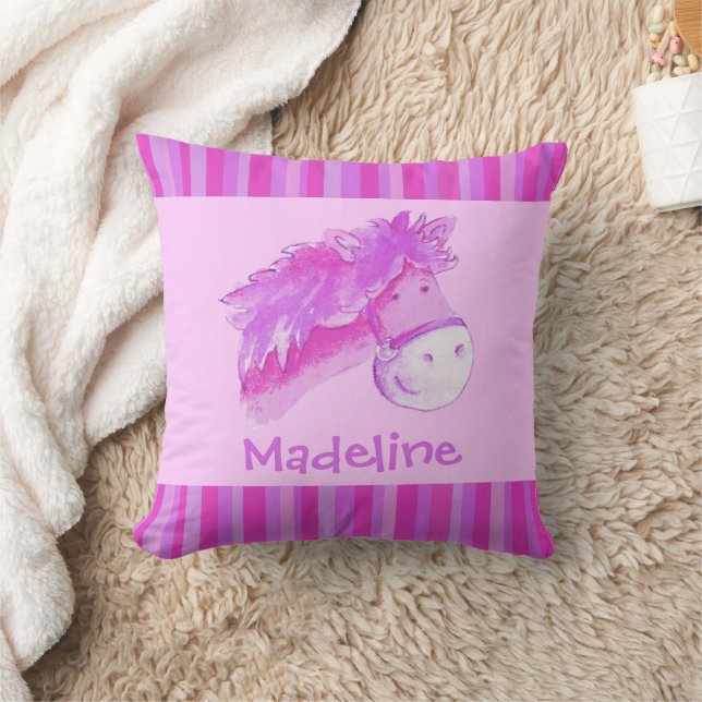 Whimsy horse pink purple bright stripe custom name throw pillow (Blanket)