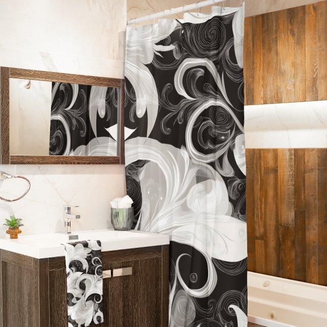 Whimsy in Black and Cream Baroque Swirls Shower Curtain (Creator Uploaded)