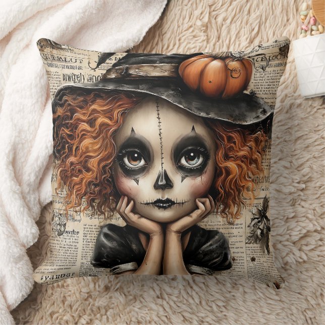 Whimsy in Mourning: The Pumpkin-Eyed Reverie Throw Pillow (Blanket)