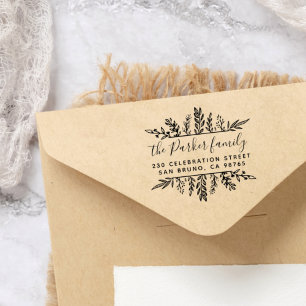 Whimsy Leaves Frame Family Name & Return Address Rubber Stamp