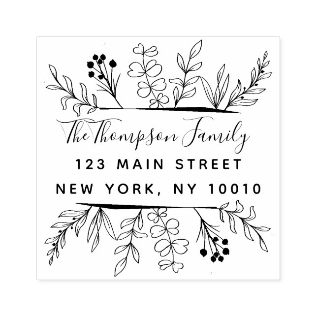 Whimsy Leaves Hand-drawn Family Return Address Rubber Stamp (Imprint)