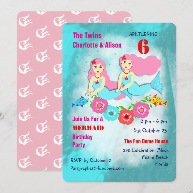 Whimsy Mermaid Twin Girls Birthday Party Invite (Front/Back)