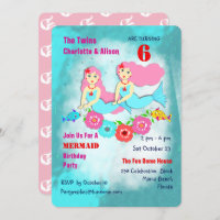 Whimsy Mermaid Twin Girls Birthday Party Invite