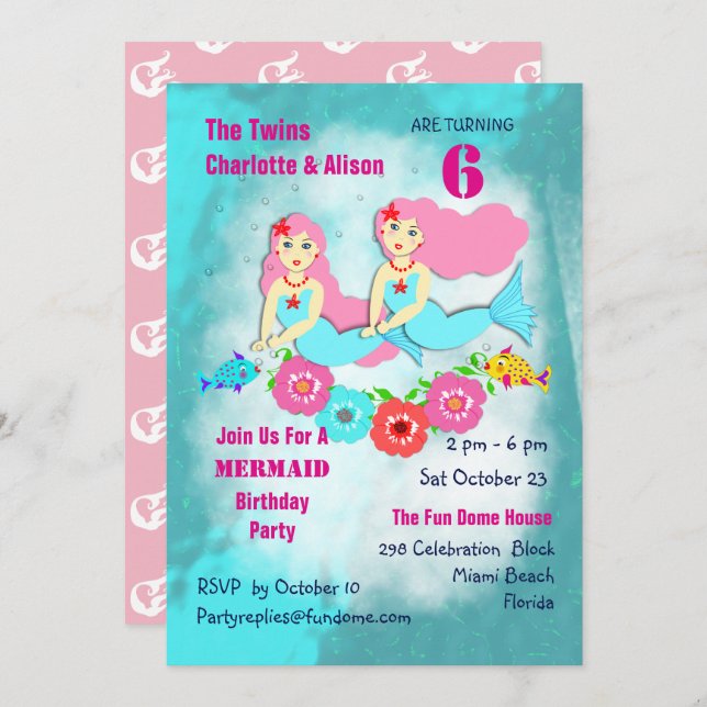 Whimsy Mermaid Twin Girls Birthday Party Invite (Front/Back)