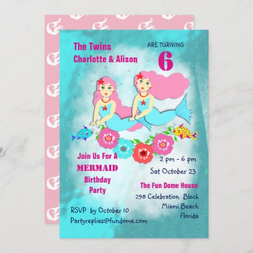 Whimsy Mermaid Twin Girls Birthday Party Invite