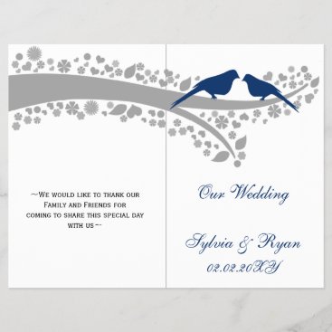 whimsy navy blue lovebirds  folded Wedding program