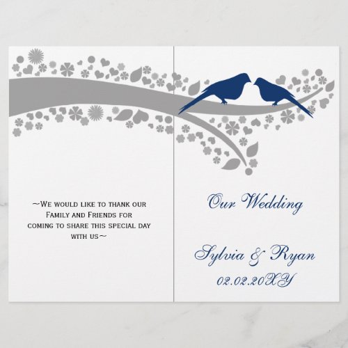 whimsy navy blue lovebirds  folded Wedding program