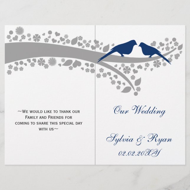 whimsy navy blue lovebirds  folded Wedding program (Front)