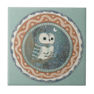 Whimsy Owl Mint Blue Terracotta Teal Aqua Ceramic Tile