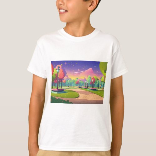 Whimsy Park A 2D Flat Design Cartoon Wonderland T_Shirt
