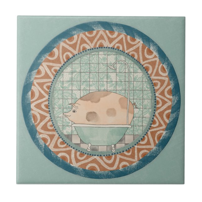 Whimsy Pig Mint Blue Terracotta Aqua Teal Ceramic Tile (Front)