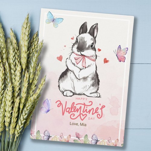 Whimsy Pink Butterflies  Bunny Valentines Day  Card