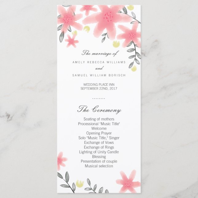 Whimsy Pink Floral Wedding Program Rack Cards (Front)
