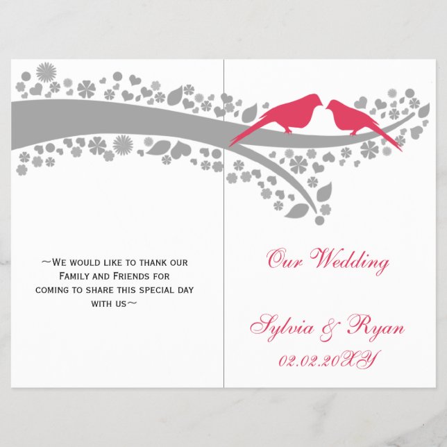 whimsy pink lovebirds  folded Wedding program (Front)