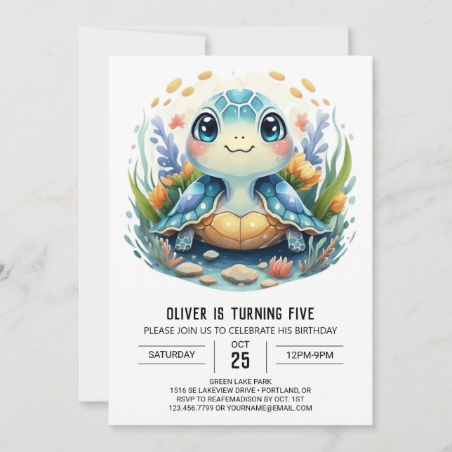 Whimsy Printable Watercolor Turtle Boy Birthday Invitation (Front)