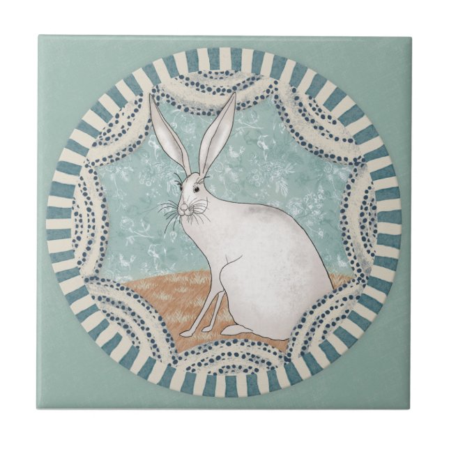 Whimsy Rabbit Mint Blue Terracotta Teal Aqua Ceramic Tile (Front)