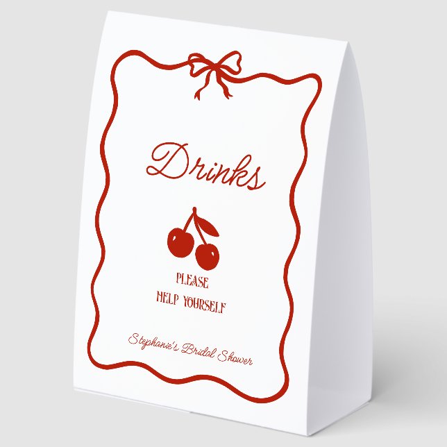 Whimsy Red She's the Cherry on Top Bridal Shower Paper Table Tent (Front)