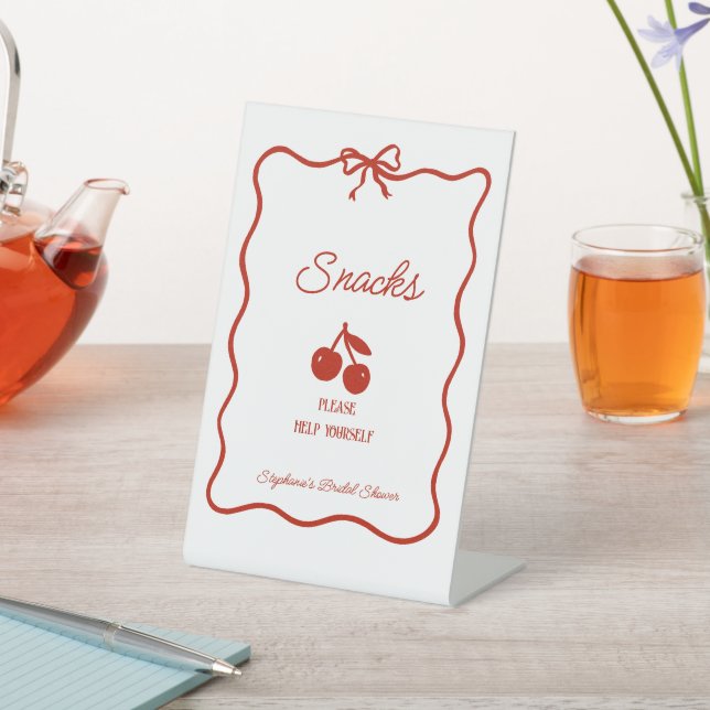 Whimsy Red She's the Cherry on Top Bridal Shower Pedestal Sign (In SItu)