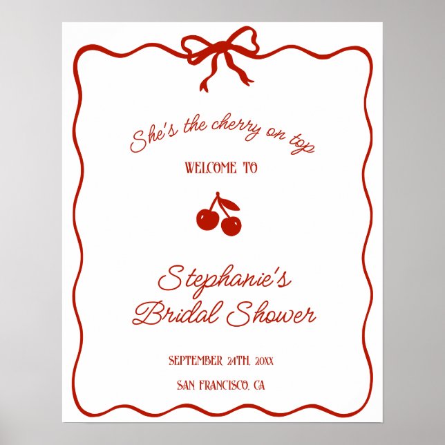 Whimsy Red She's the Cherry on Top Bridal Shower Poster (Front)