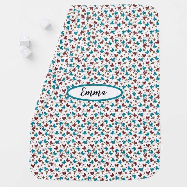 Whimsy Red Teal Bows Buttons Flowers  Baby Blanket (In Situ)