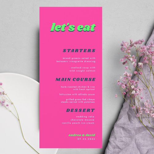 Whimsy Retro Groovy 70s Lets Eat Pink Wedding Menu