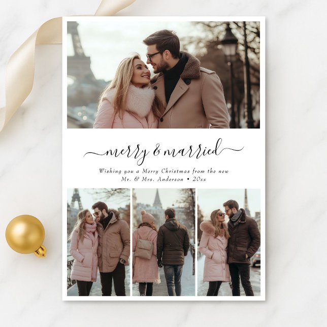 Whimsy Script 4 Photo Merry & Married Christmas Holiday Card (Creator Uploaded)