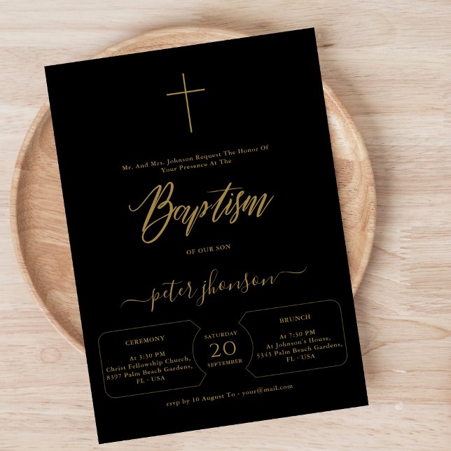 Whimsy Script Black & Gold Gender Neutral Baptism Invitation (Creator Uploaded)