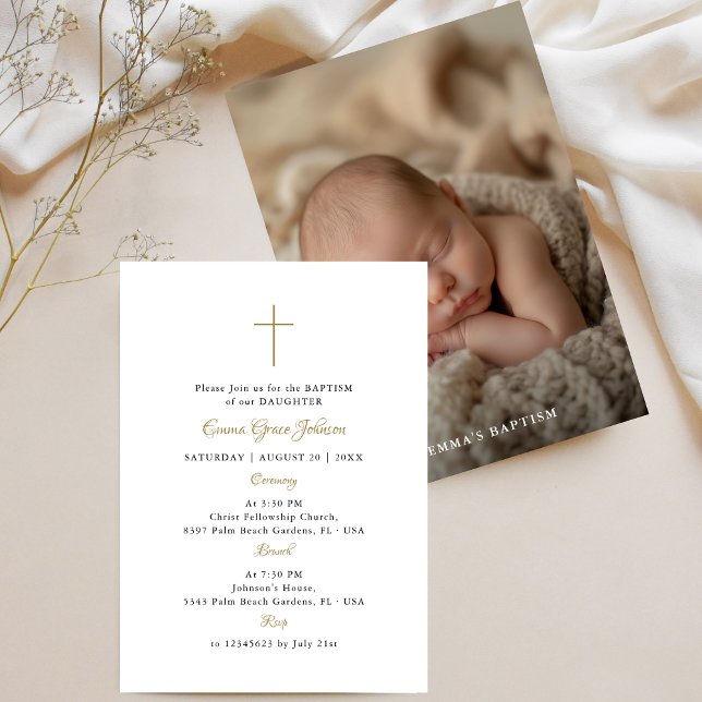 Whimsy Script Black & Gold Photo Catholic Baptism Invitation (Creator Uploaded)