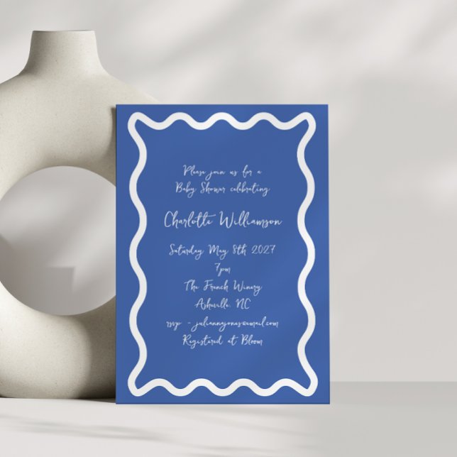 Whimsy Script Blue Scribble Border Baby Shower Invitation (Creator Uploaded)
