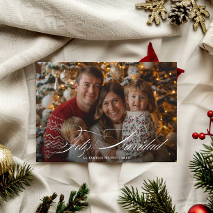 Whimsy Script Family Photo Feliz Navidad Red  Holiday Card