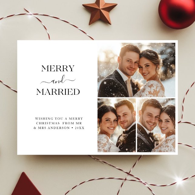 Whimsy Script Merry and Married Christmas 3 photo Holiday Card (Creator Uploaded)