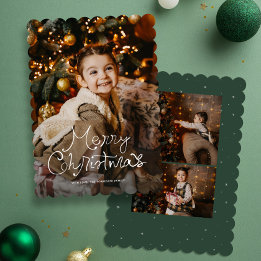 Whimsy script Merry Christmas three photo green Holiday Card