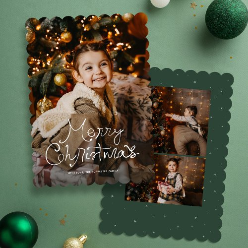 Whimsy script Merry Christmas three photo green Holiday Card