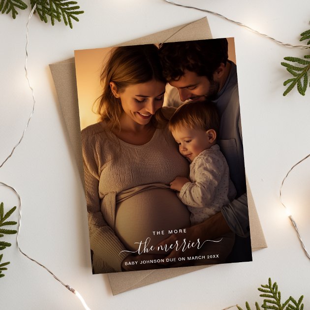 Pregnancy christmas card - Pink Dramatic personalized gifts for you Whimsy script the more the merrier christmas holiday card