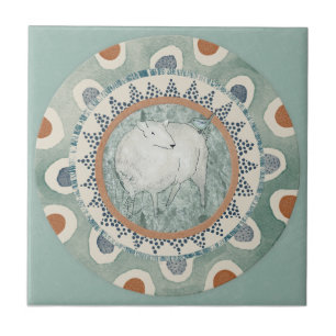 Whimsy Sheep & Bird Mint Blue Terracotta Aqua Ceramic Tile
