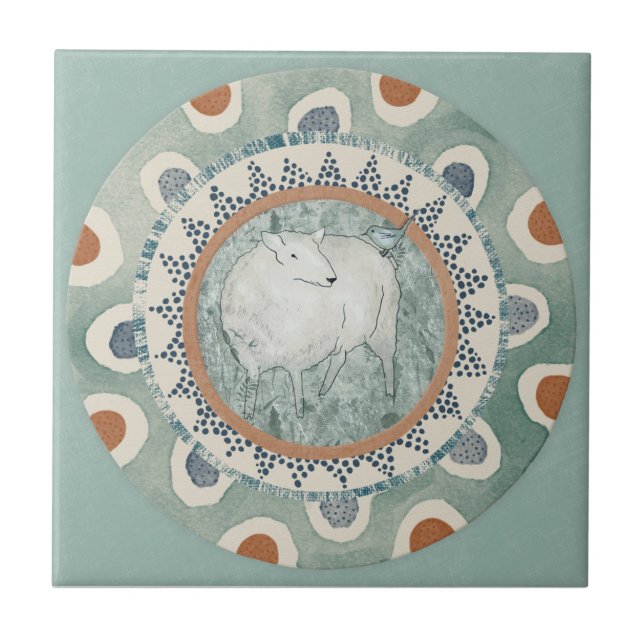 Whimsy Sheep & Bird Mint Blue Terracotta Aqua Ceramic Tile (Front)