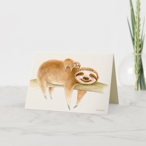 Whimsy sloth and cute baby watercolor painting card